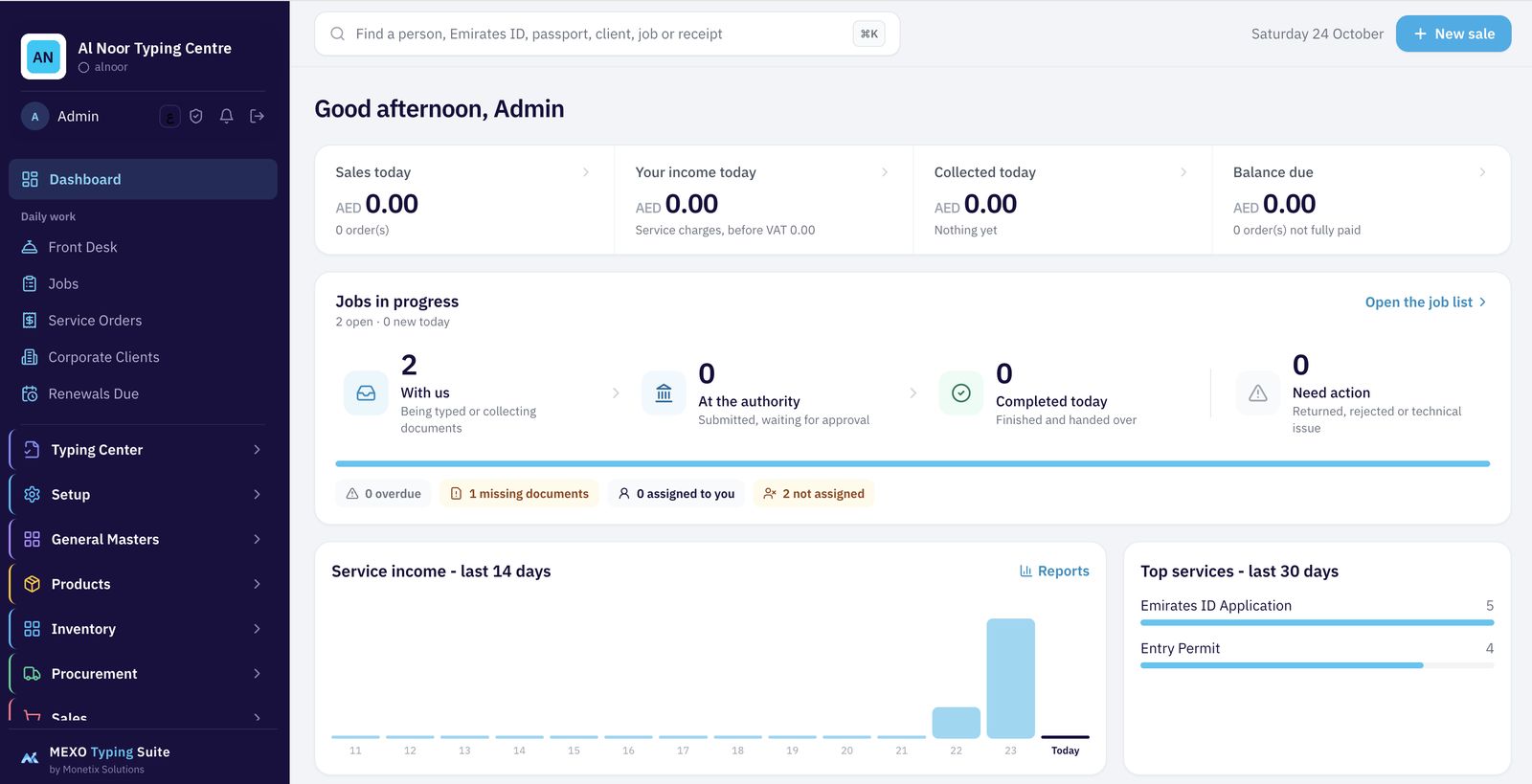 Mexo Typing Suite dashboard