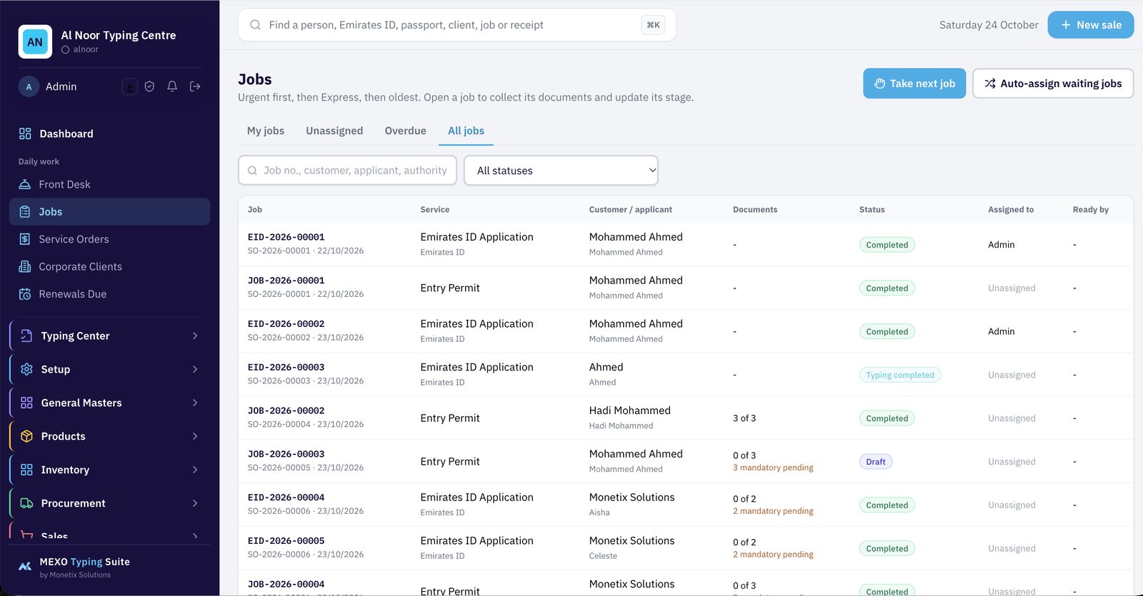 Mexo Typing Suite job list